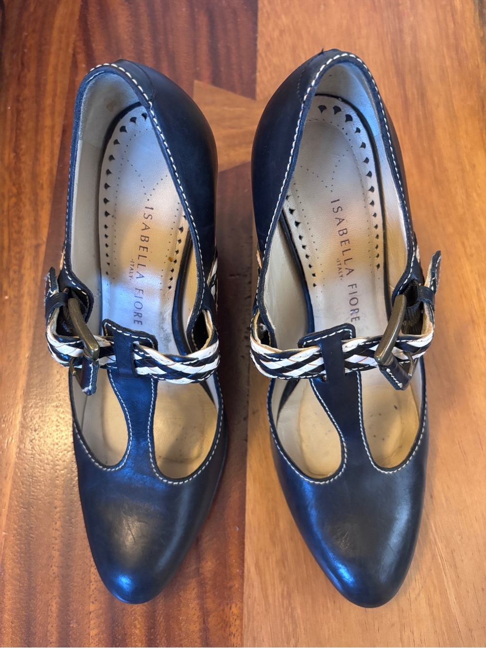 Isabella Fiore Navy Braided-Trim T-Strap Heels - Italy